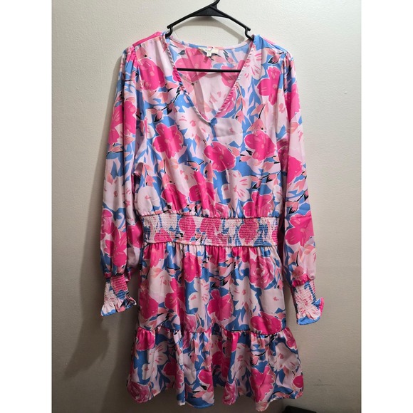 easel Dresses & Skirts - Easel Pink Blue Floral Smocked Waist V-Neck Long Sleeve Tiered Dress Large